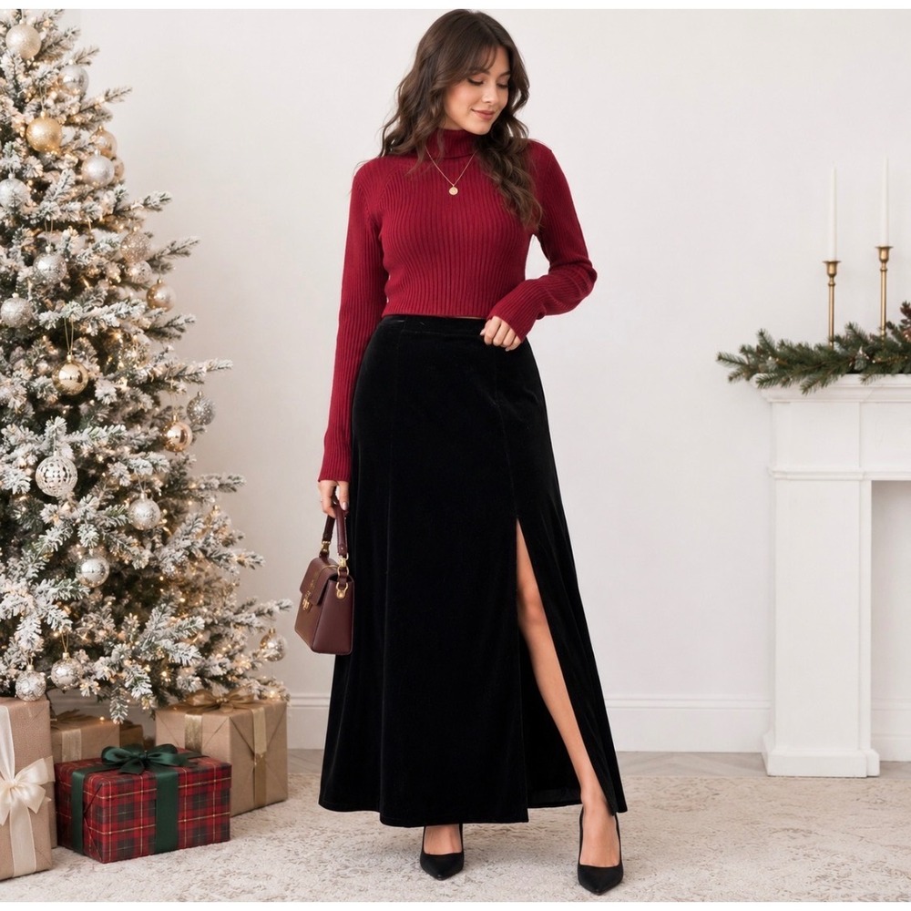 Vtg My Michelle Black Velvet Maxi Skirt 11 Slit Whimsigoth Witchy Holiday USA